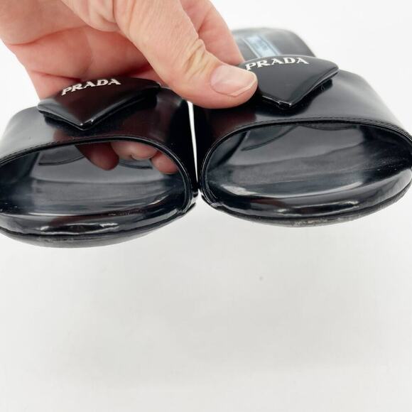 Prada Black Brushed Leather Padded Logo 75mm Open Toe Sandal Mule size IT 40 - Picture 7 of 12